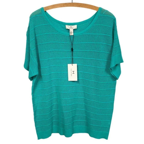 H by Halston Turquoise Pullover Knit Short Sleeve Boat Neck Sweater, Size M, NEW - Picture 1 of 12